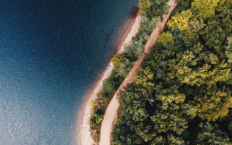 Et banner med en luftfoto af tr&aelig;toppe og havet for at introducere Philips' b&aelig;redygtighedsplaner.