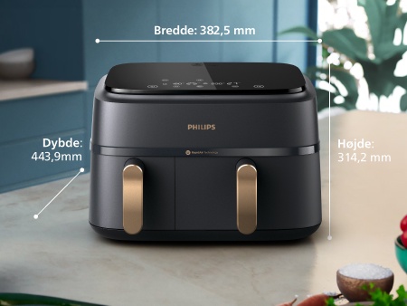 Philips Dual Basket stående på bordet med alle mål beskrevet: bredde: 38,25 cm, dybde: 31,42 cm, højde: 44,39 cm